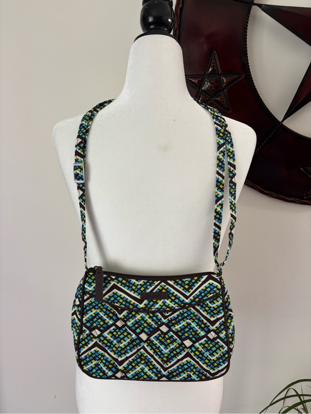 Vera Bradley Quilted Shoulder Bag in Blue, Green and Cream Geometric Print